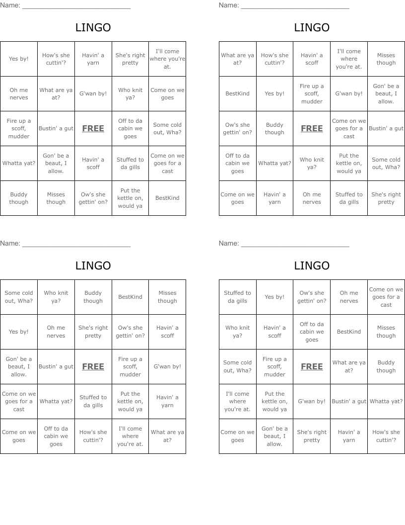 LINGO Bingo Cards