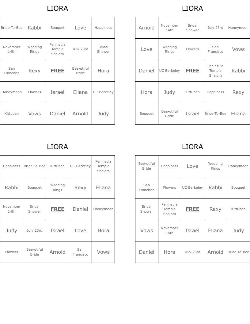 LIORA Bingo Cards