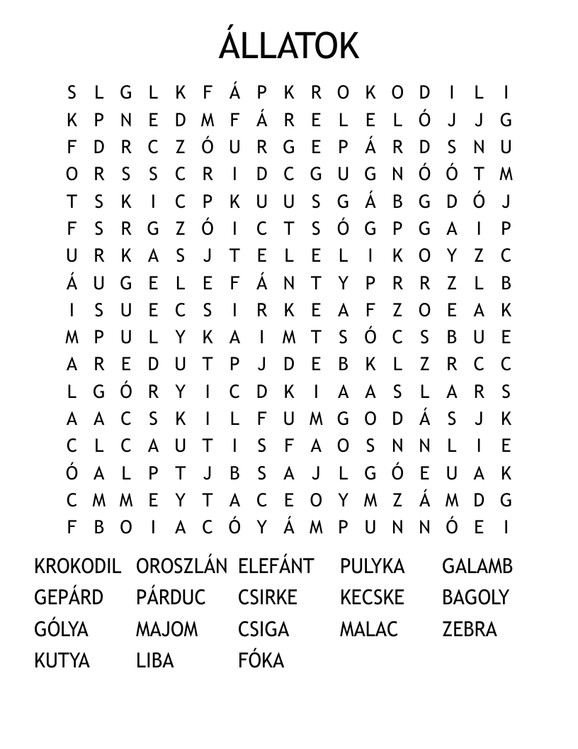 ÁLLATOK Word Search