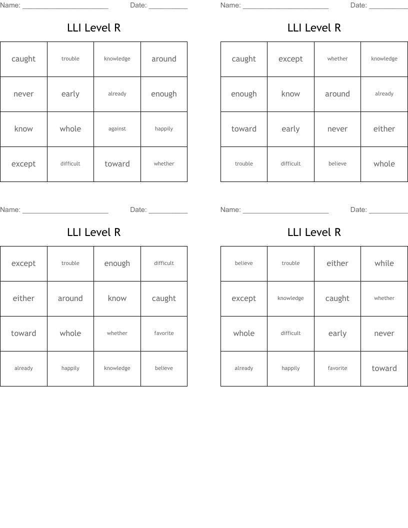 LLI Level R Bingo Cards
