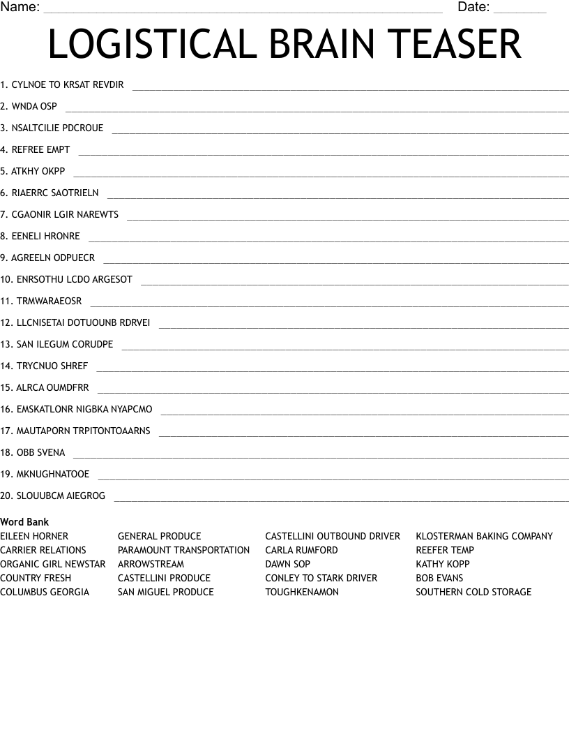 LOGISTICAL BRAIN TEASER Word Scramble