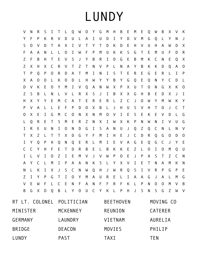 LUNDY Word Search WordMint