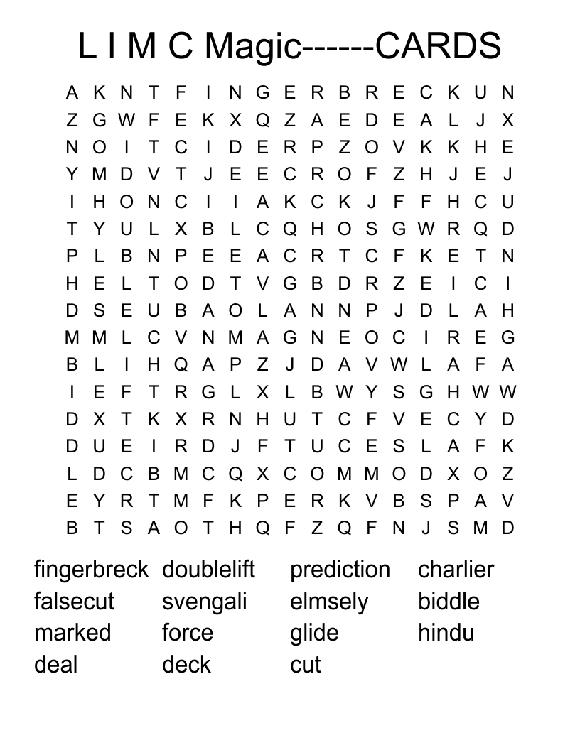 L I M C Magic------CARDS Word Search