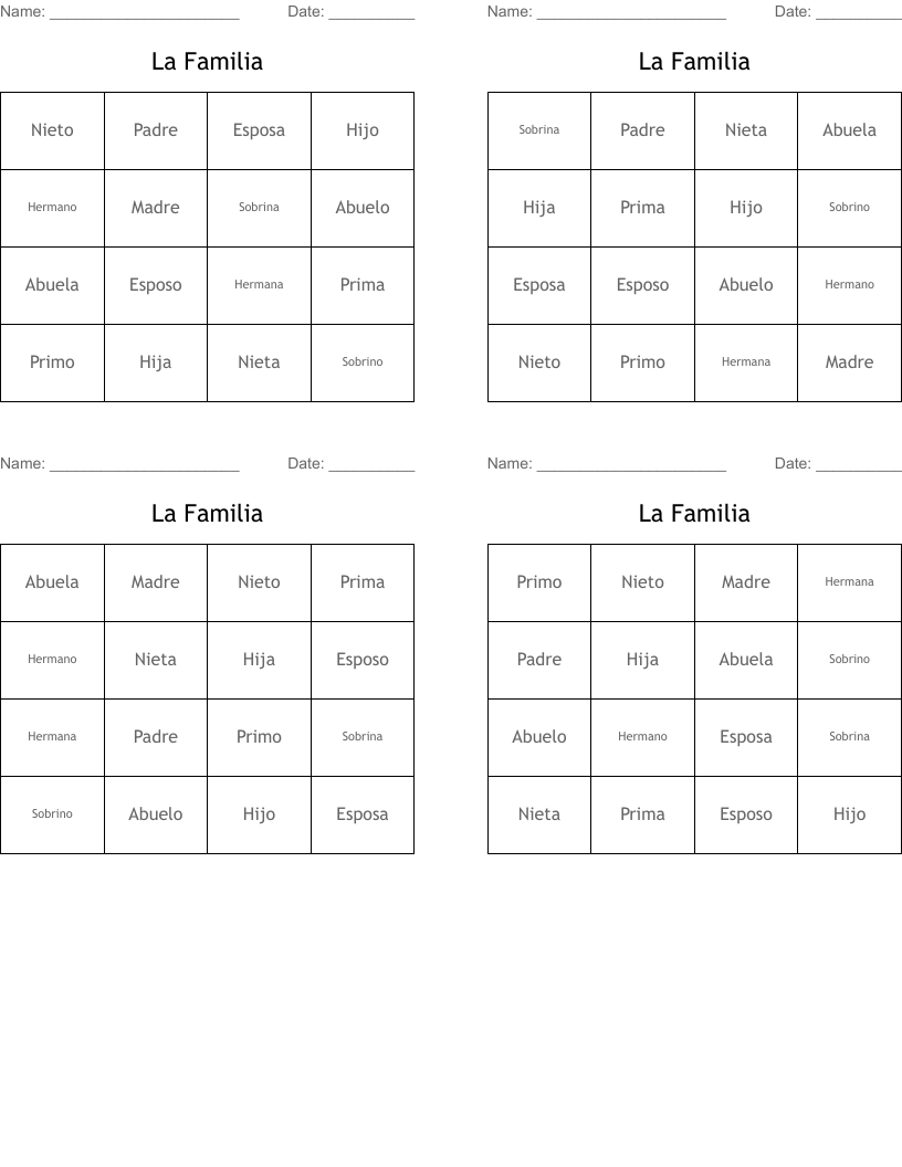 La Familia Bingo Cards
