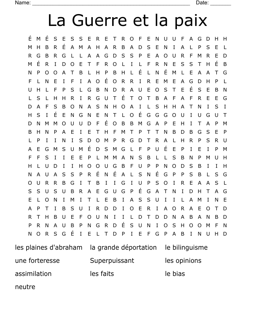La Guerre et la paix Word Search