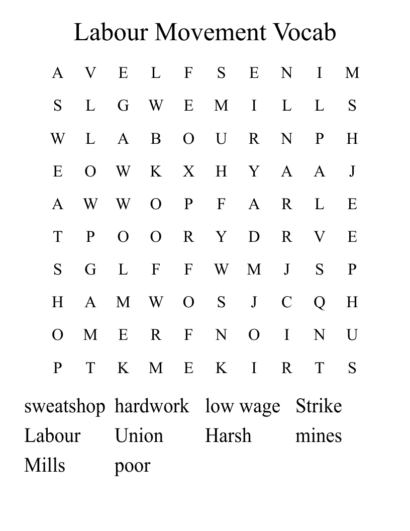 Labour Movement Vocab Word Search