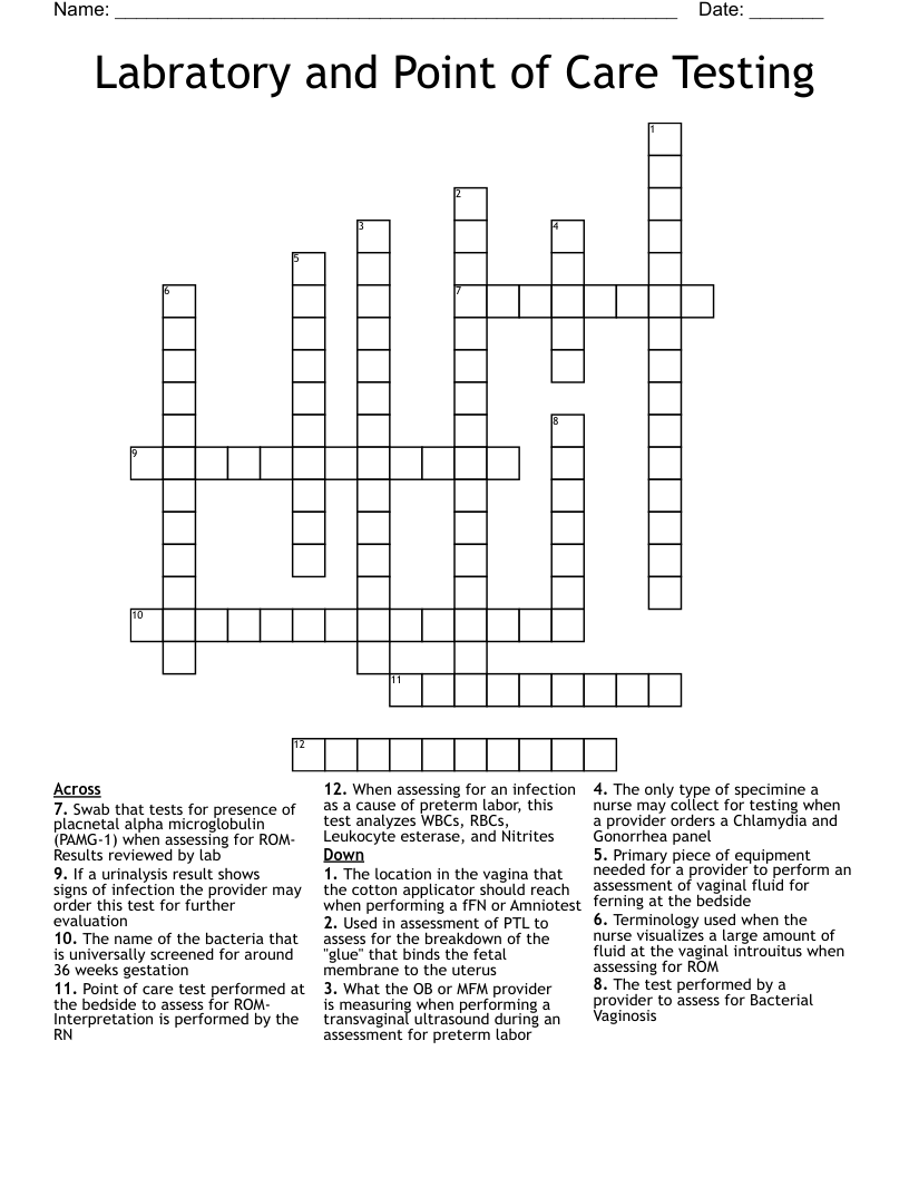 Labratory and Point of Care Testing Crossword