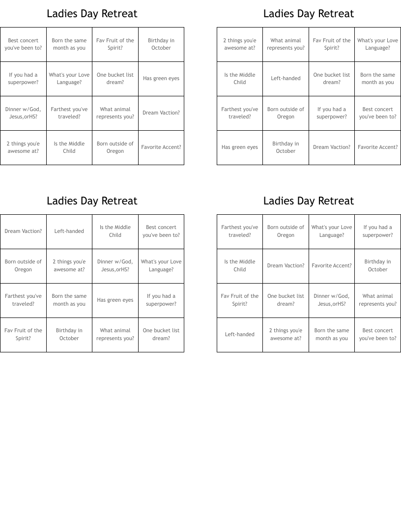 Ladies Day Retreat Bingo Cards WordMint