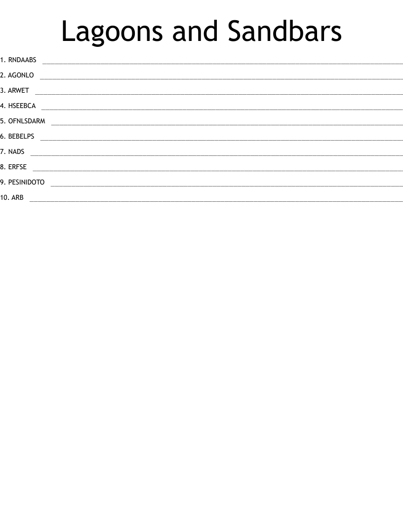Lagoons and Sandbars Word Scramble