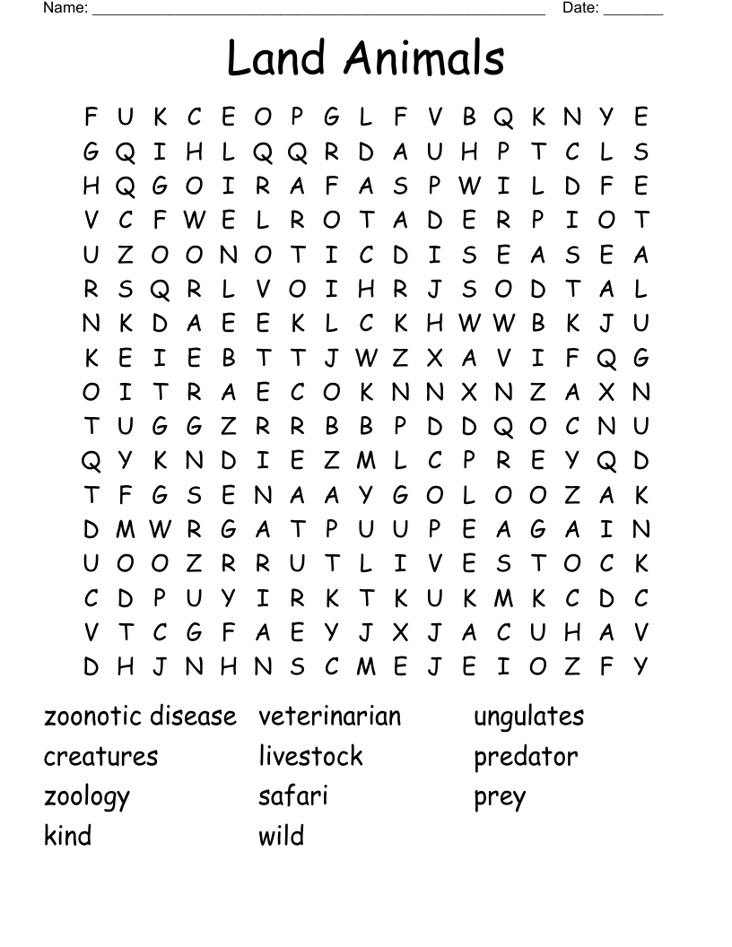 Land Animals Word Search