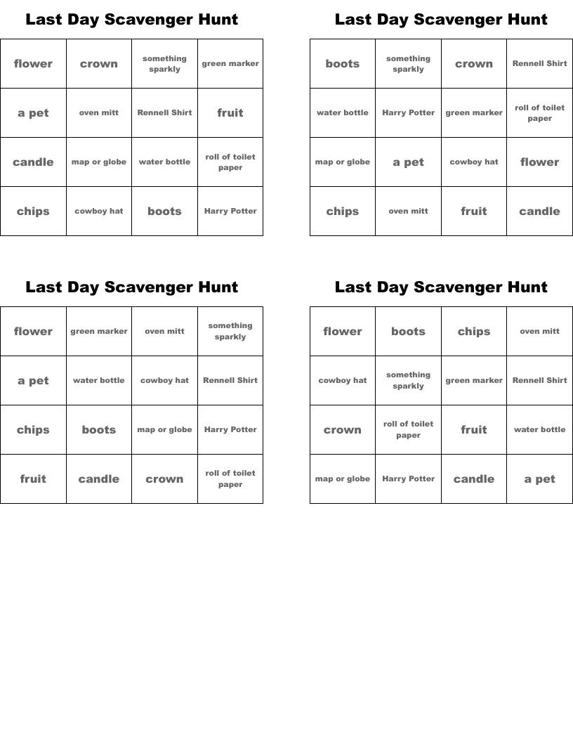 Last Day Scavenger Hunt Bingo Cards