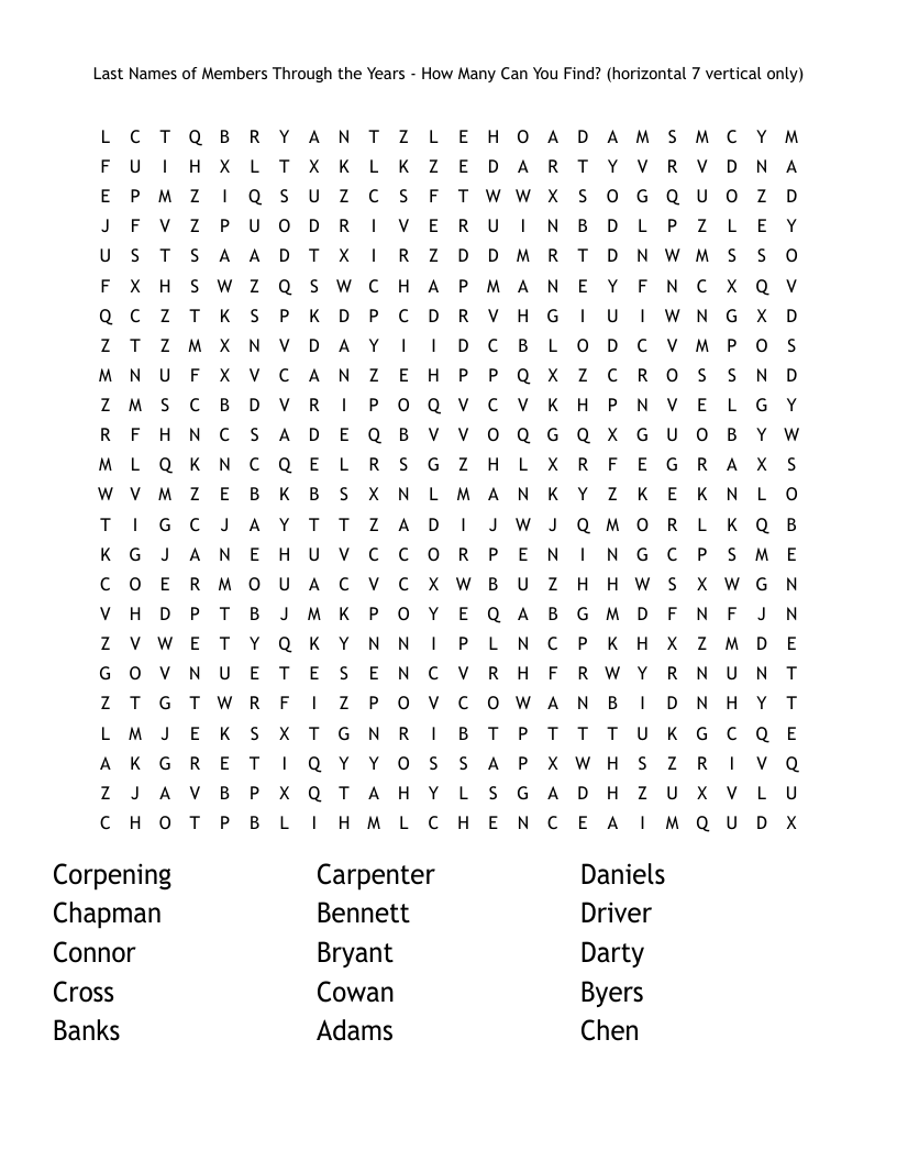 Last Names of Members Through the Years - How Many Can You Find? (horizontal 7 vertical only) Word Search