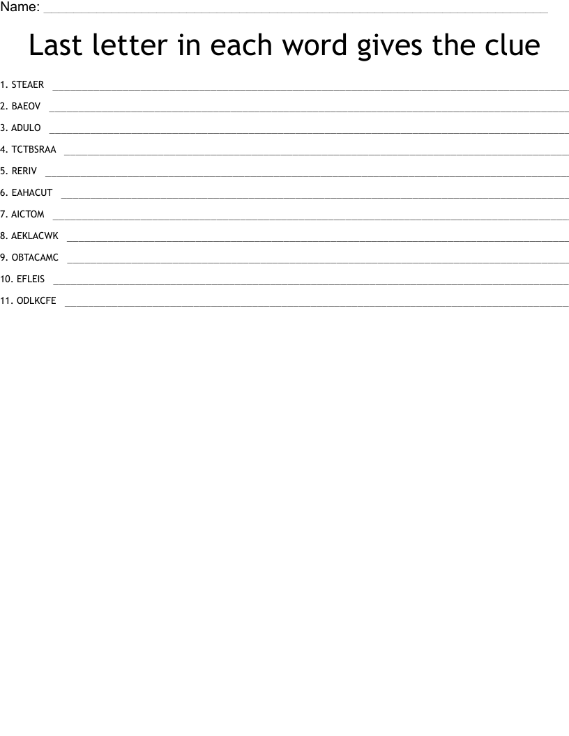 Last letter in each word gives the clue Word Scramble