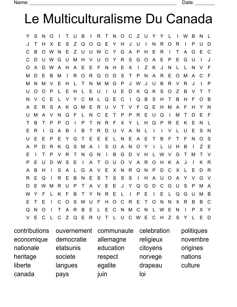 Le Multiculturalisme Du Canada Word Search