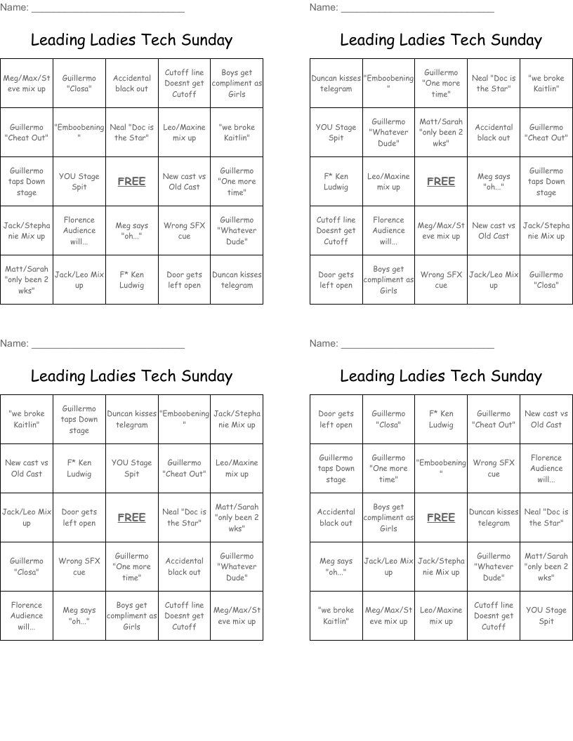 Leading Ladies Tech Sunday Bingo Cards