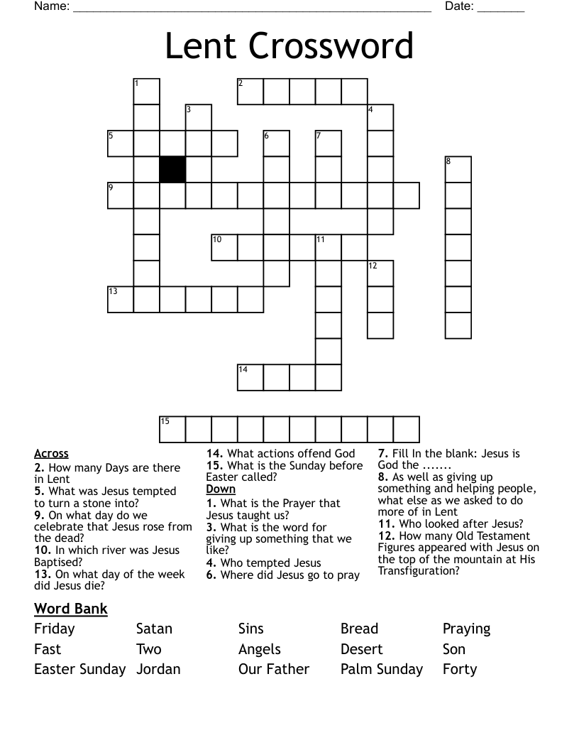 Lent Crossword Puzzle Printable Printable World Holiday