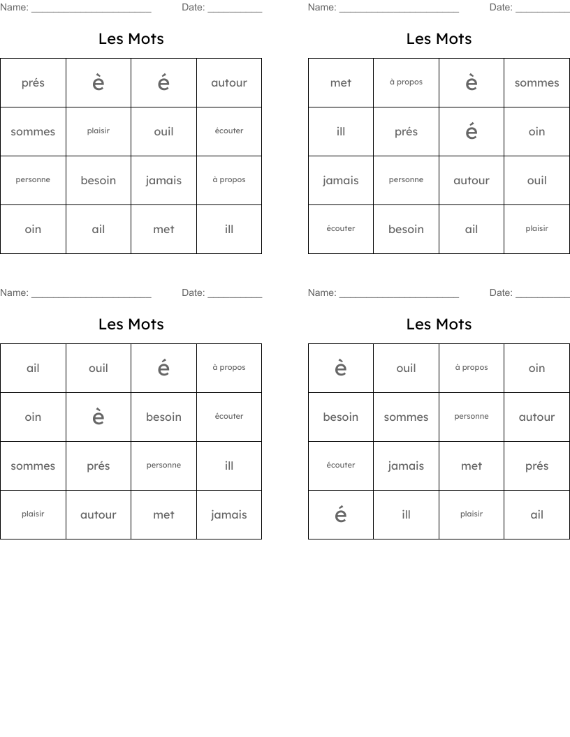 Les Mots Bingo Cards