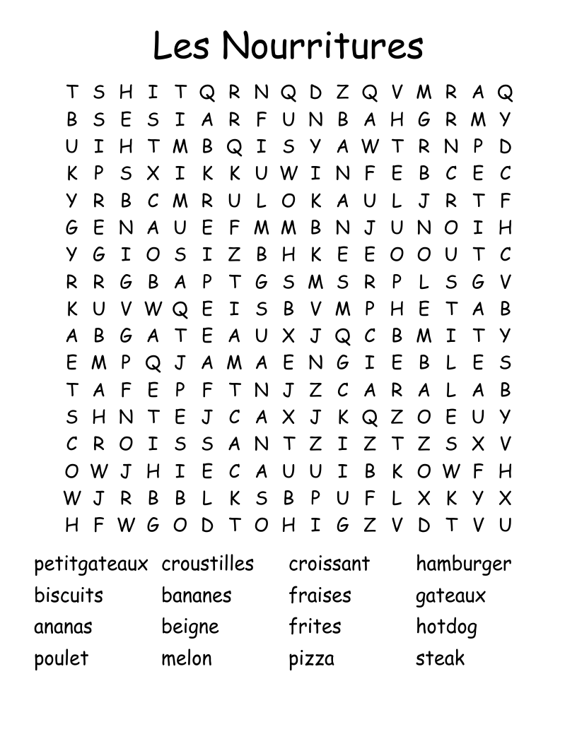 Les Nourritures Word Search