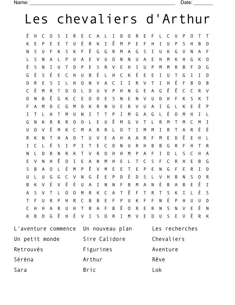 Les chevaliers d'Arthur Word Search