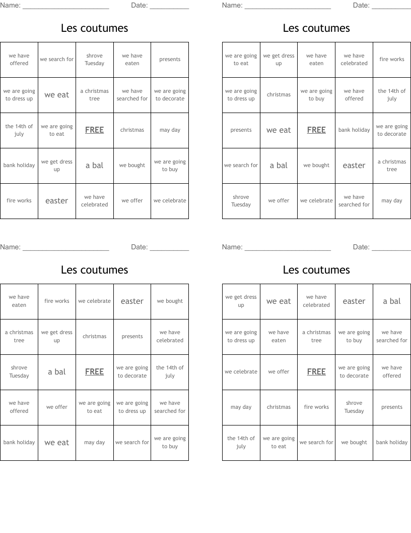 Les coutumes Bingo Cards