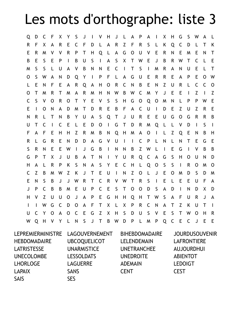 Les mots d'orthographe: liste 3 Word Search