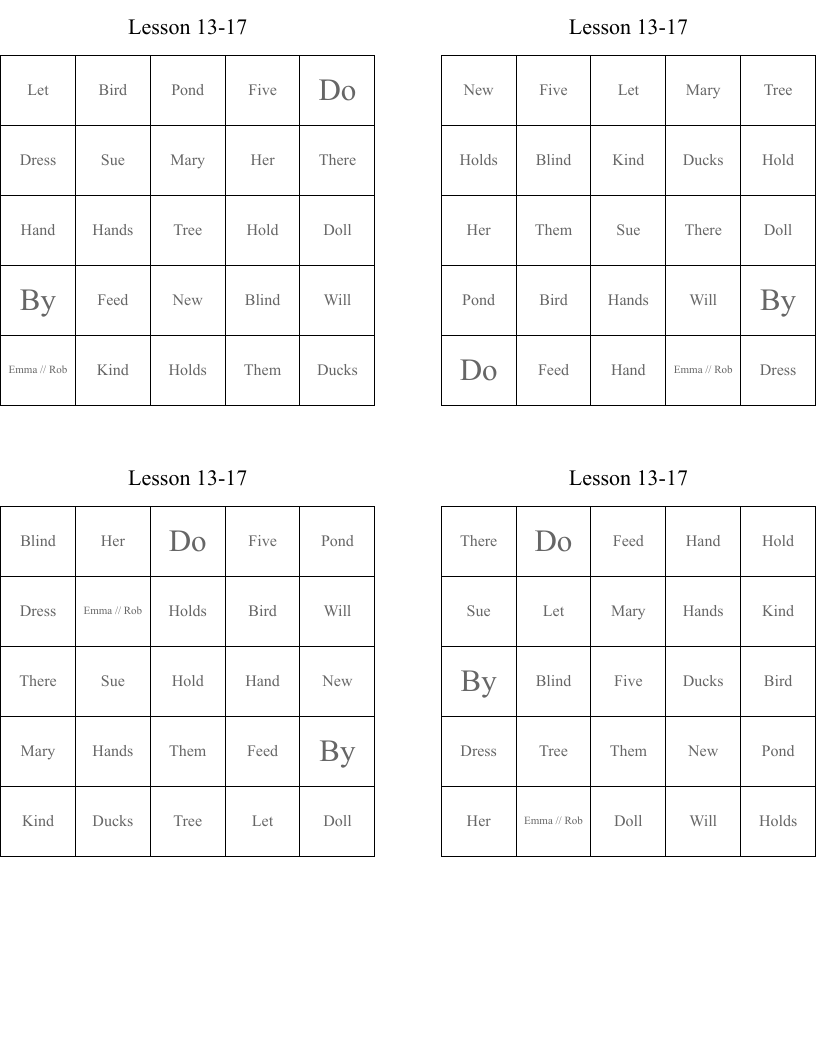 Lesson 13-17 Bingo Cards - WordMint