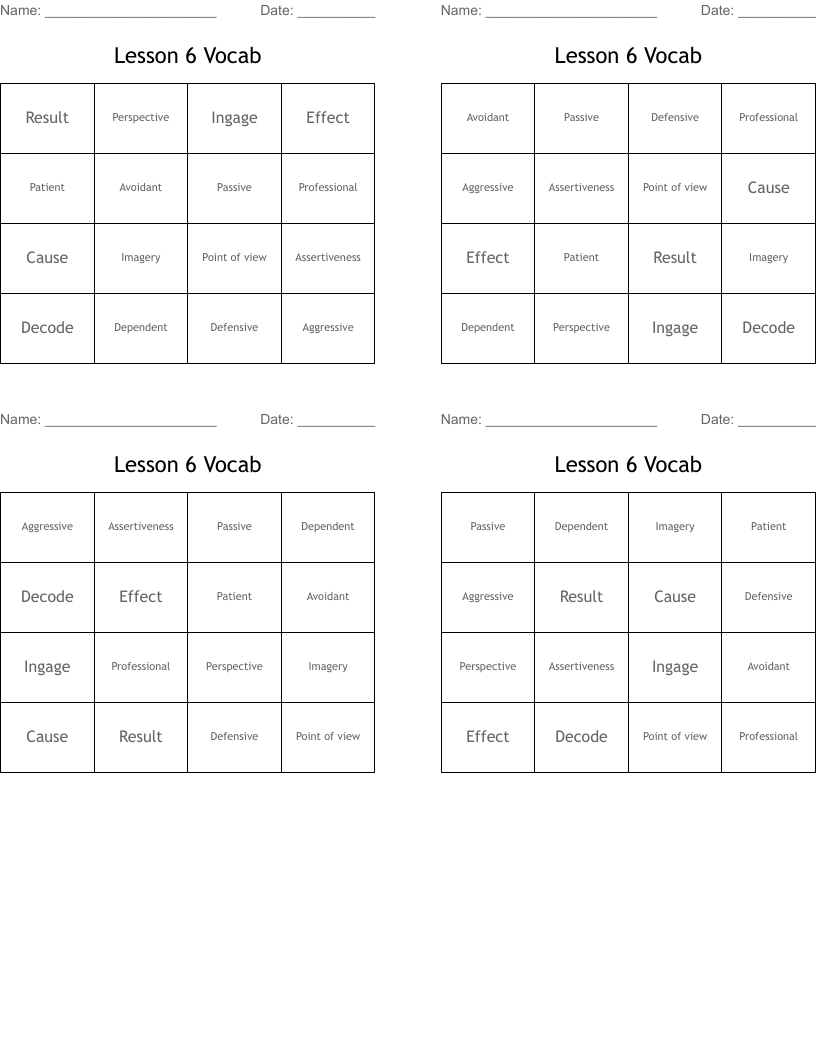 Lesson 6 Vocab Bingo Cards