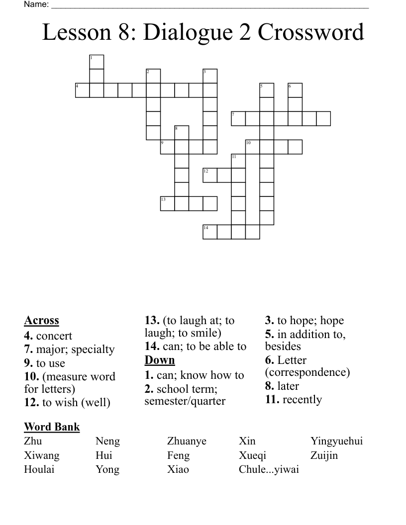 Lesson 8: Dialogue 2 Crossword