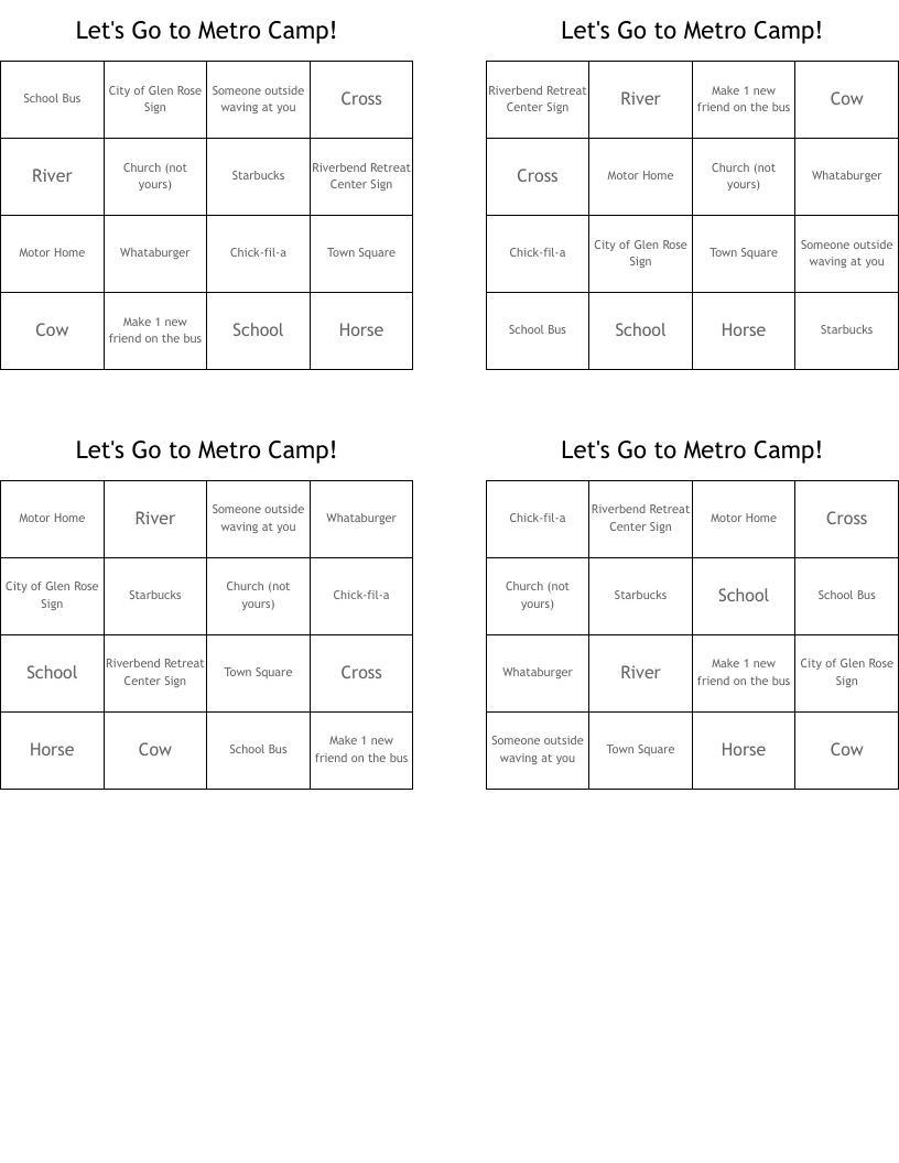 Let's Go to Metro Camp! Bingo Cards