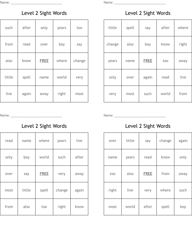 Level 2 Sight Words Bingo Cards