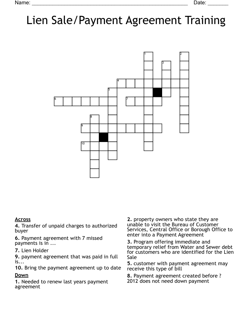 Lien Sale/Payment Agreement Training Crossword