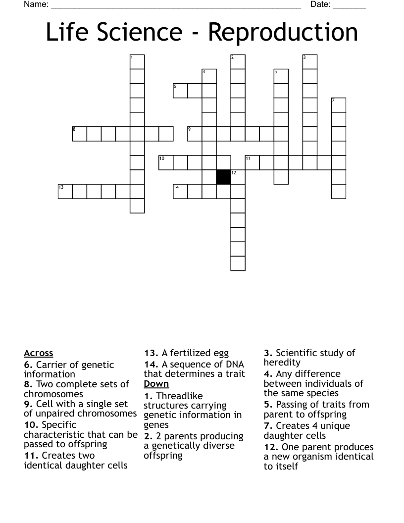 Life Science Reproduction Crossword WordMint