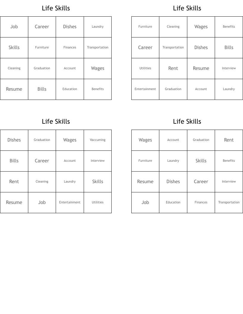 Life Skills Bingo Cards WordMint
