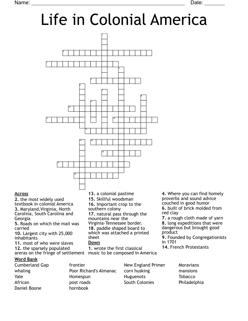 Life in Colonial America Crossword