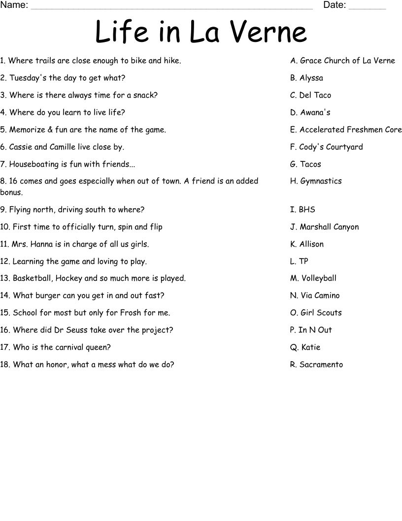 Life in La Verne Worksheet WordMint