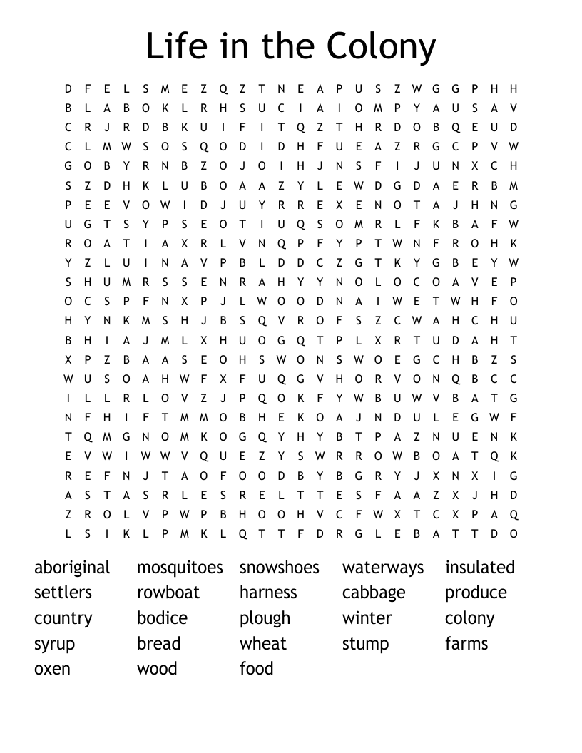 Life in the Colony Word Search