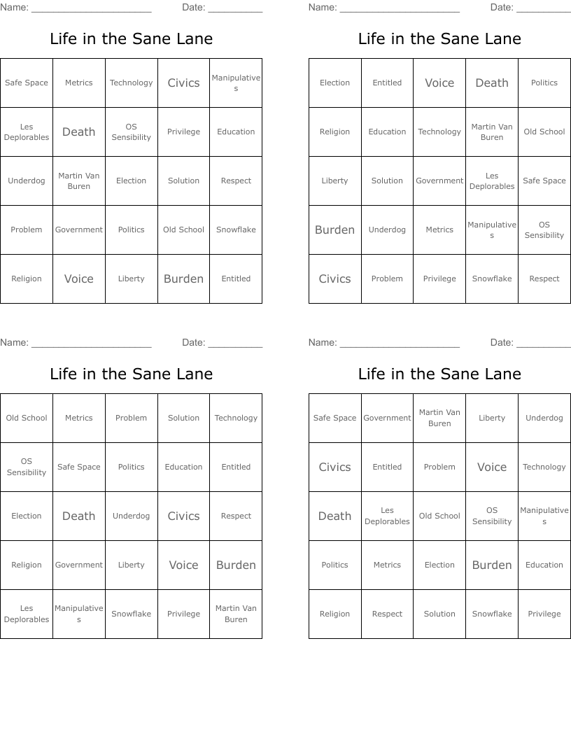 Life in the Sane Lane Bingo Cards