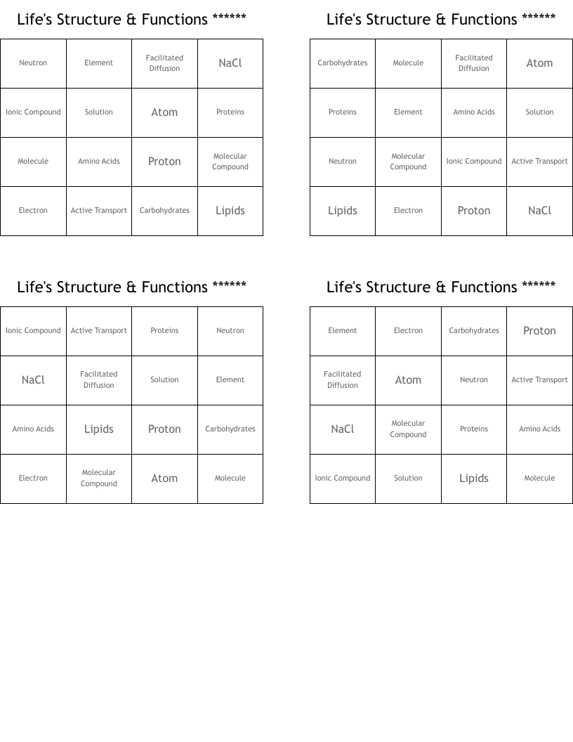 Life's Structure & Functions ****** Bingo Cards