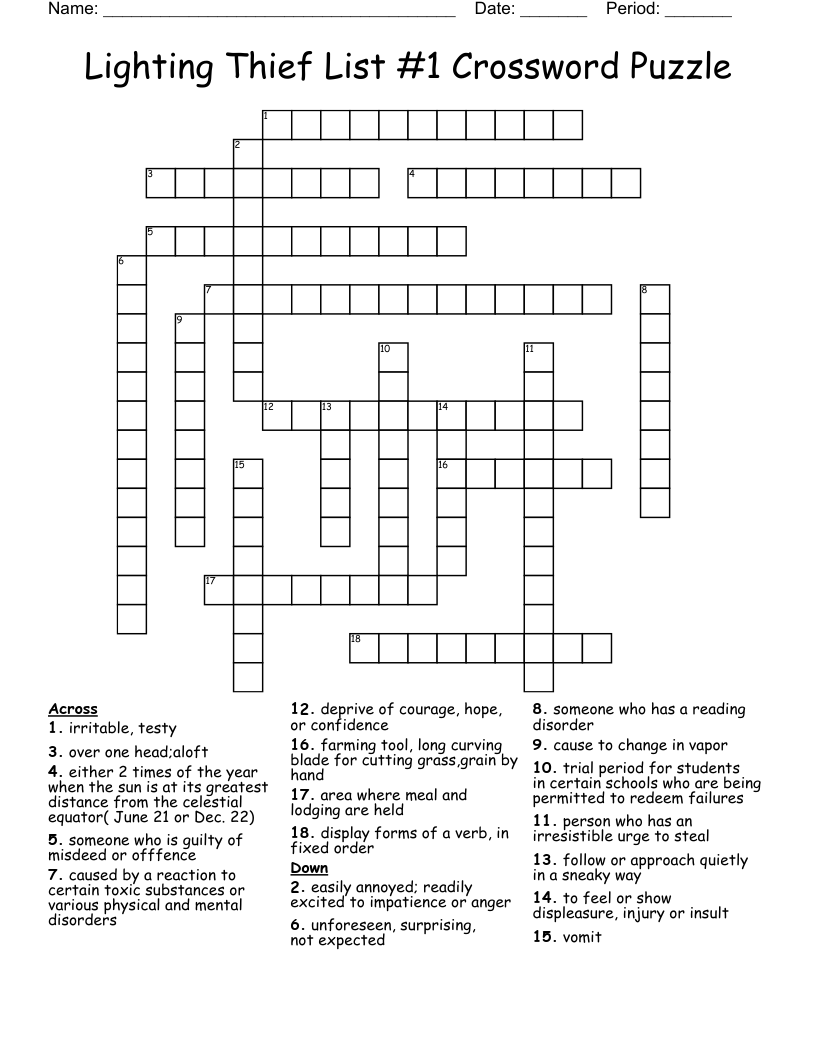 Lighting Thief List 1 Crossword Puzzle WordMint
