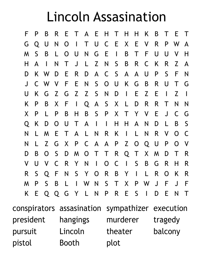 Lincoln Assasination Word Search