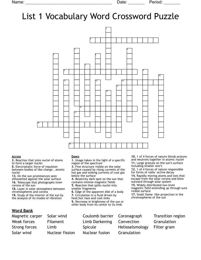List 1 Vocabulary Word Crossword Puzzle WordMint