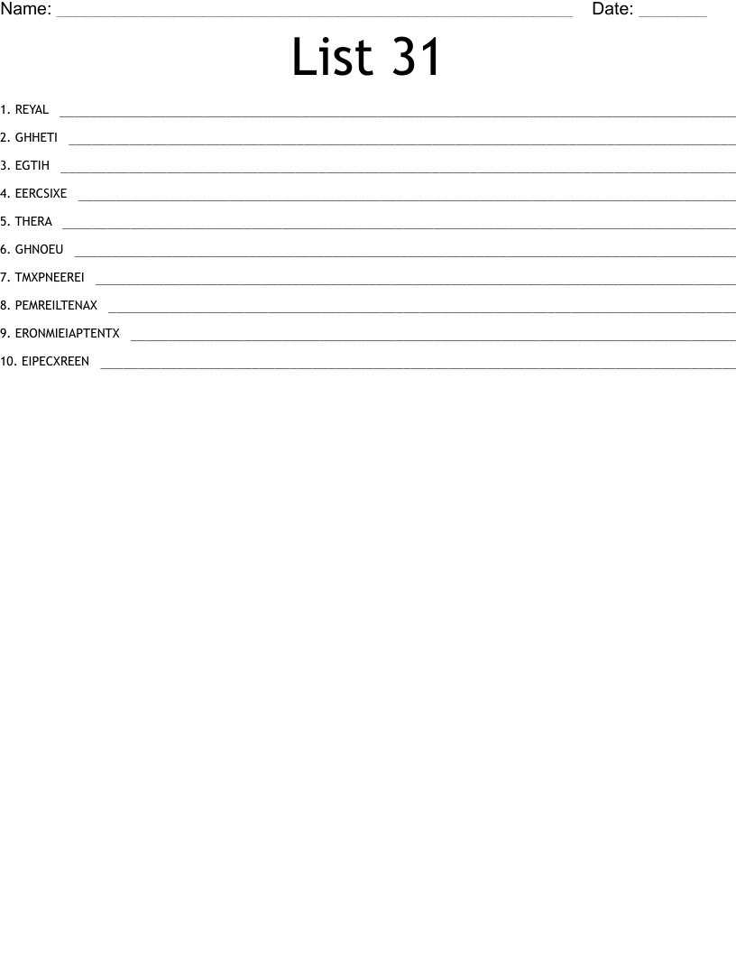 List 31 Word Scramble