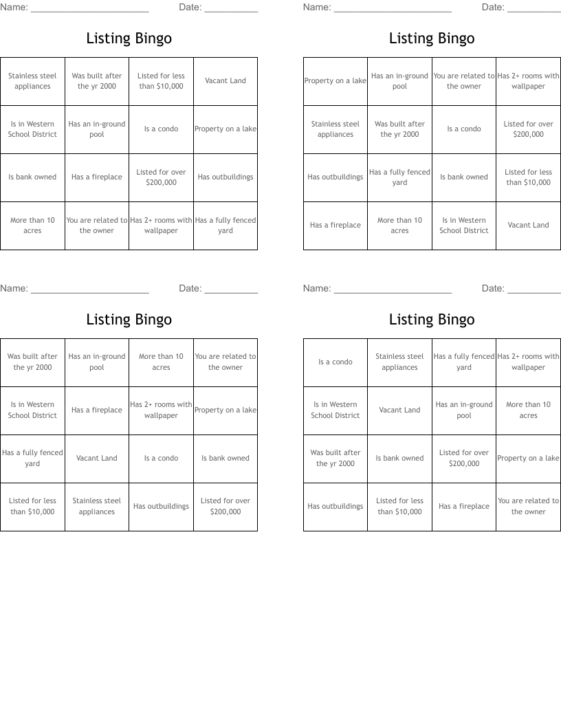 Listing Bingo WordMint