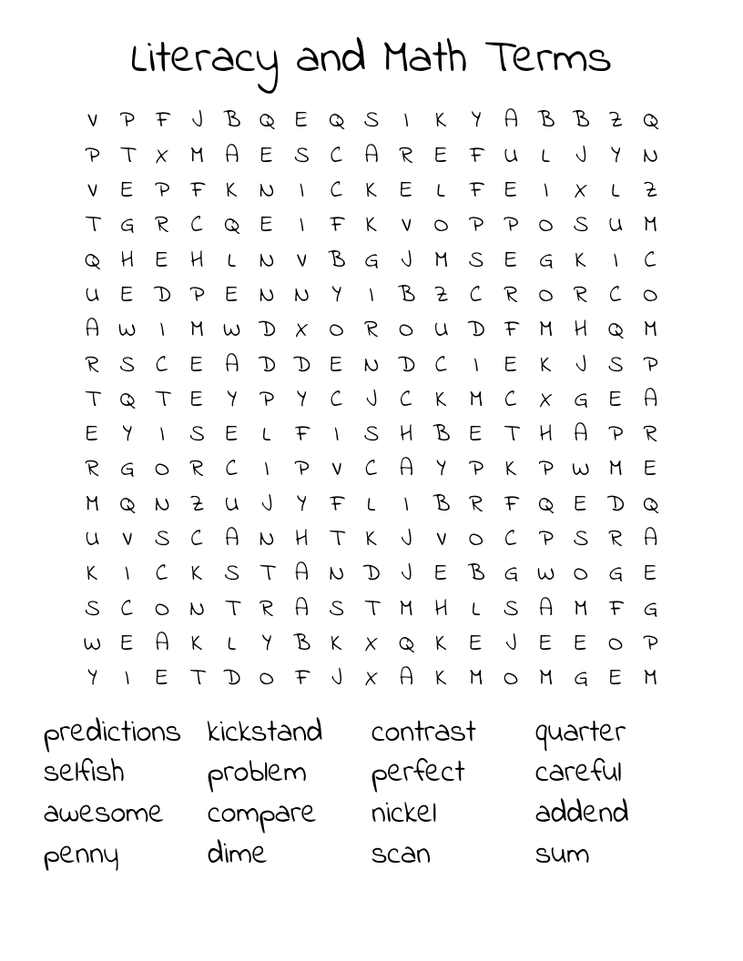 Literacy and Math Terms Word Search