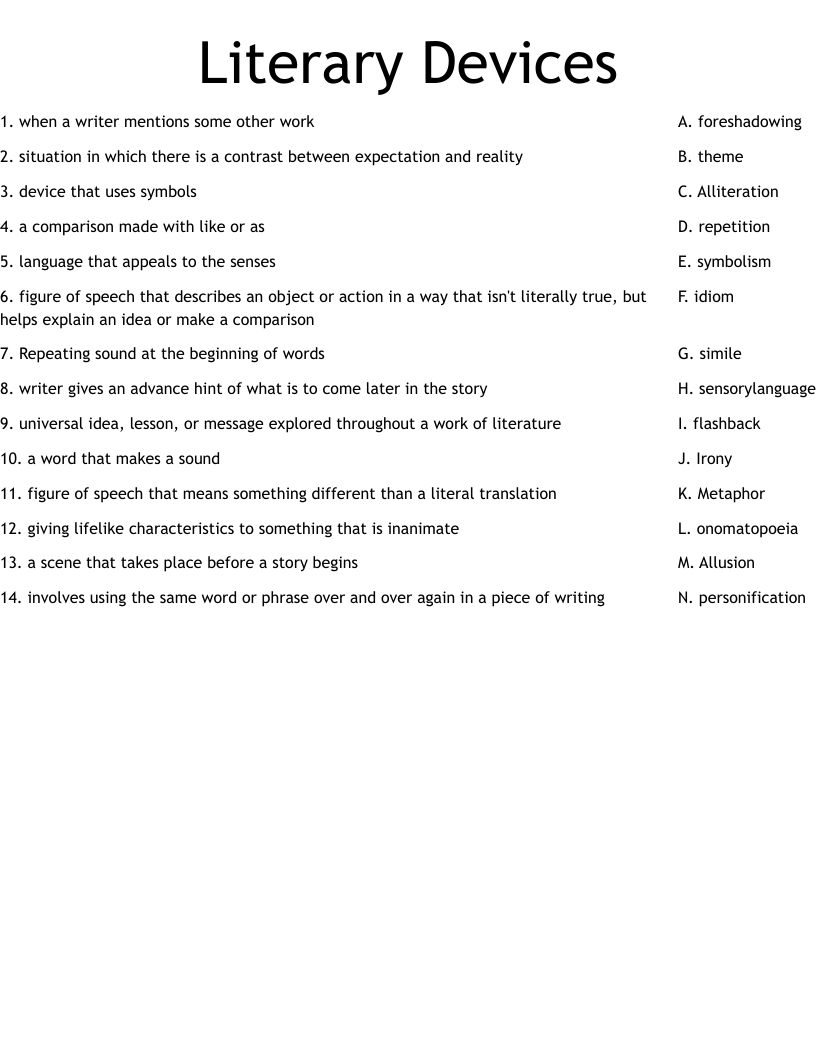Literary Devices Worksheet