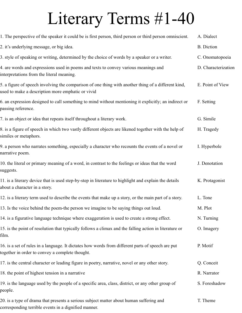 Literary Terms #25-25 Worksheet - WordMint Regarding Elements Of Poetry Worksheet