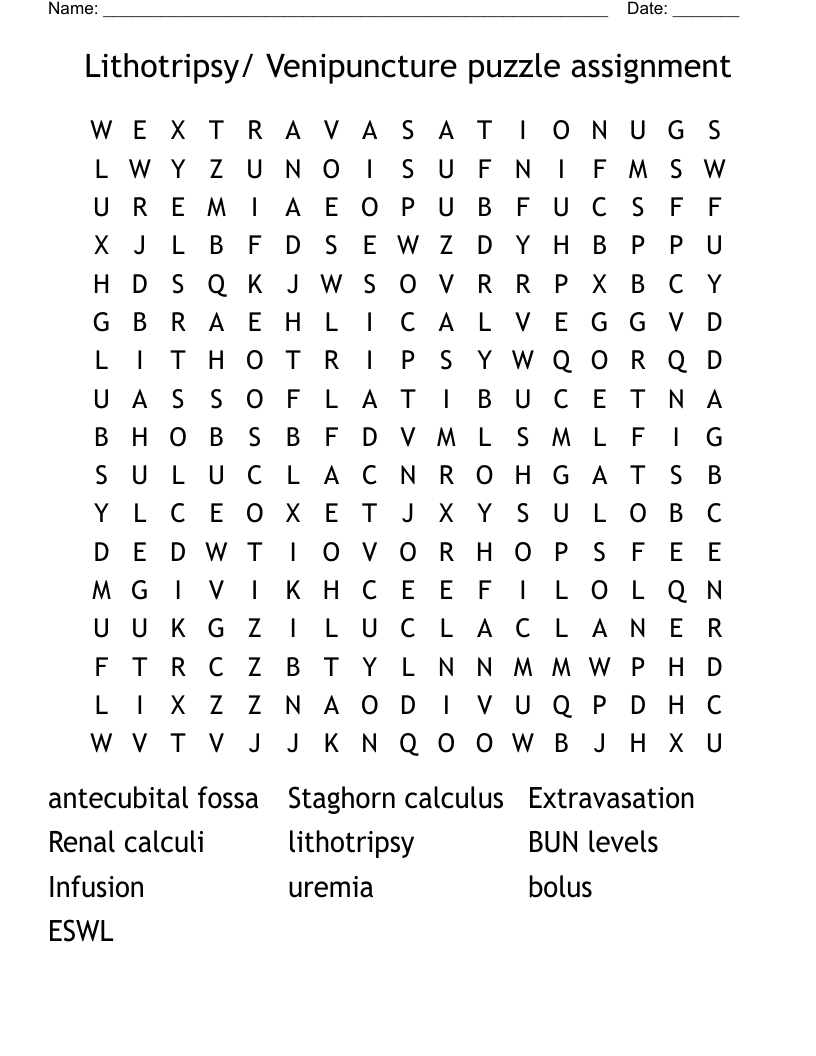 Lithotripsy/ Venipuncture puzzle assignment Word Search