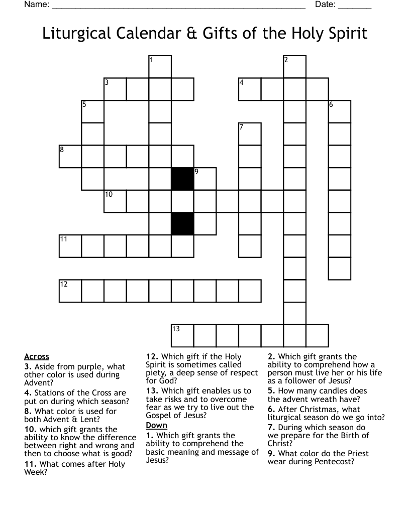 Liturgical Calendar & Gifts of the Holy Spirit Crossword - WordMint