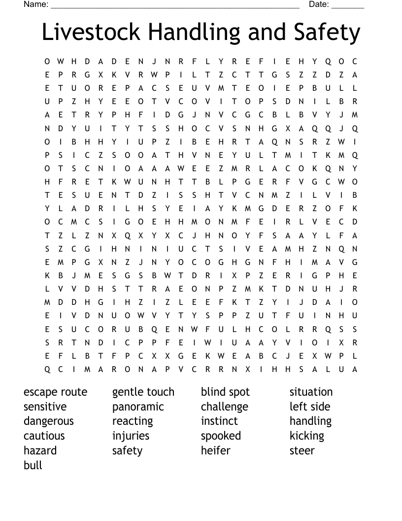 Livestock Handling and Safety Word Search