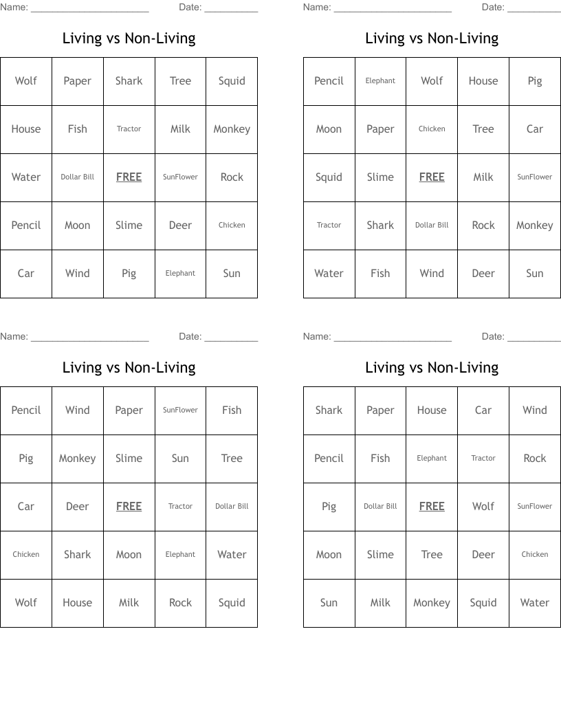 Living vs Non-Living Bingo Cards